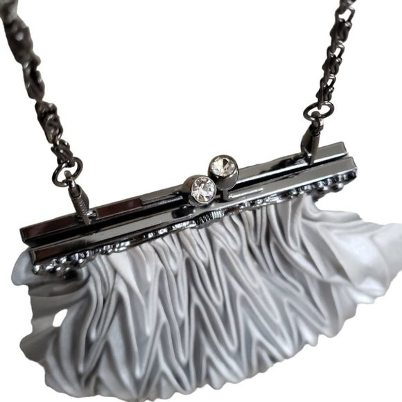 Satin Light Gray Pleated Evening Mini Bag With Short Chain Strap - Picture 5 of 11